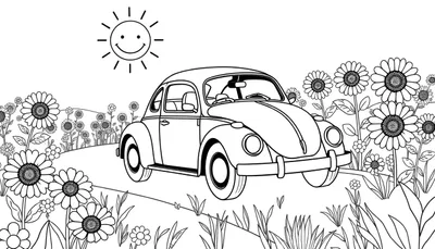 Un escarabajo Volkswagen de placa de color conduciendo por un camino de girasoles bajo un sol sonriente.