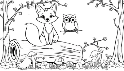 Placa de color: Dibujo lineal de un zorro amigable y un búho sabio sentados en un tronco de árbol rodeado de flores y vegetación.