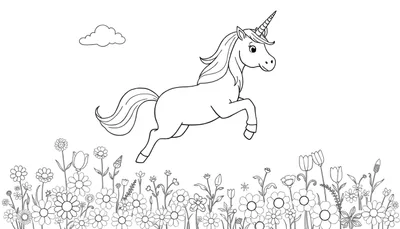 Unicornio saltando en campo de flores, página para colorear en blanco y negro, placa de color.