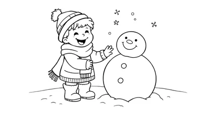 Página para colorear en blanco y negro de un niño feliz jugando en la nieve con un muñeco de nieve sonriente, placa de color.