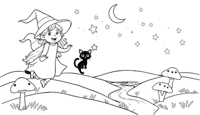 Placa de color de una joven bruja volando con su gato negro bajo la luna y las estrellas.