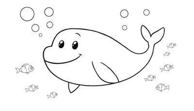Placa de color: una ballena sonriente amigable con peces y burbujas.
