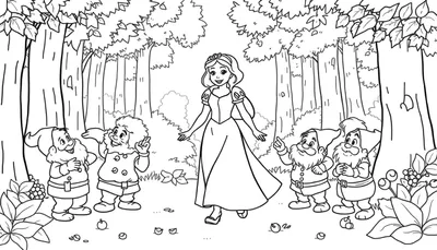 Dibujo para colorear de Blancanieves y los enanitos en el bosque, con placa de color.
