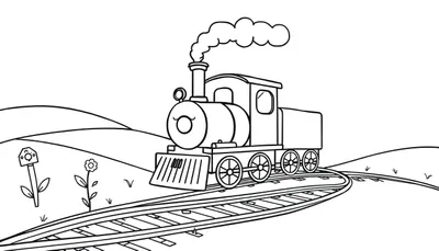 Una encantadora placa de color de un tren de vapor sonriente saliendo humo, listo para ser coloreado.
