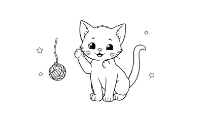 Placa de color: Dibujo lineal de un gato juguetón llamado Bella con un ovillo de lana.