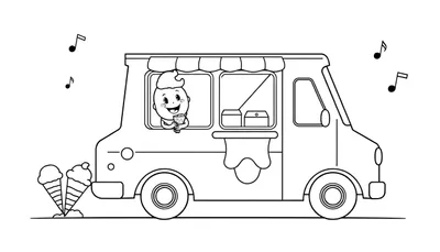 Un personaje de caricatura sonriente con cabello rizado y un helado, asomándose por la ventana de un camión de helados con una marquesina. Hay notas musicales flotando y conos de helado caídos en el suelo, todo en un estilo de dibujo lineal para colorear con placa de color.