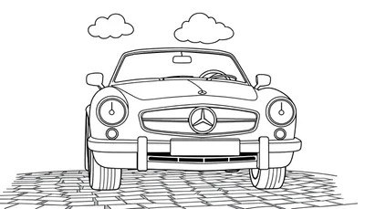 Un coche Mercedes-Benz clásico en blanco y negro, listo para ser coloreado, con la placa de color esperando.