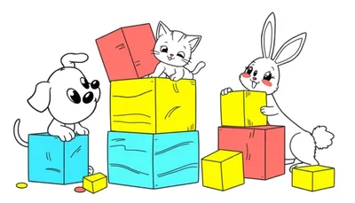Un cachorro, gato y conejo jugando con bloques de colores en una página para colorear.