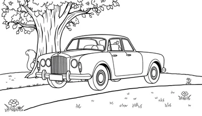 Un dibujo lineal en blanco y negro de un coche clásico Bentley aparcado bajo un árbol frondoso, con una ardilla cerca, listo para colorear. La placa de color está ausente, invitando a la imaginación.