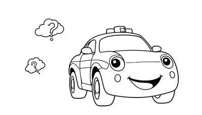 Un coche de dibujos animados sonriente con signo de interrogación en burbujas de pensamiento, estilo de placa de color.