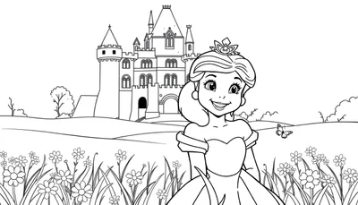 Dibujo lineal de una princesa de dibujos animados sonriendo en un campo de flores con un castillo al fondo, listo para ser coloreado con la placa de color.