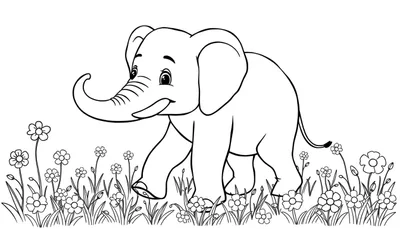 Un dibujo lineal en blanco y negro de un elefante amigable paseando entre flores, listo para colorear en una placa de color.