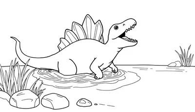 Dibujo de un Espinosaurio con grandes placas de color en la espalda jugando en el agua.
