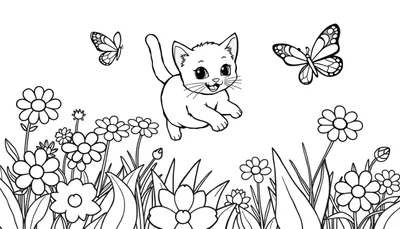 Placa de color de un gatito persiguiendo mariposas entre flores.