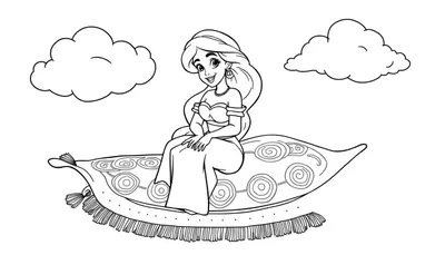 Página para colorear de la princesa Jasmine en su alfombra voladora entre nubes.