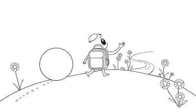 Dibujo en blanco y negro de un personaje animado con mochila saludando, caminando por un paisaje con un círculo grande y flores.