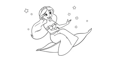 Placa de color de una princesa de dibujos animados con pelo largo sentada en una alfombra mágica estrellada.