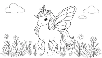 Placa de color de un unicornio amigable con alas de mariposa en un campo de flores.