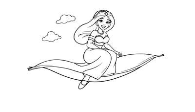 Página para colorear de la princesa Jasmine en una alfombra mágica, lista para colorear.