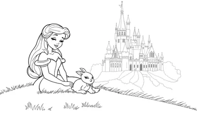 Placa de color de una princesa y un conejo frente a un castillo.