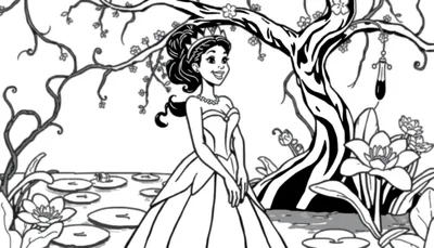 Placa de color: Princesa Tiana sonriendo en un pantano mágico con un árbol floral y nenúfares.