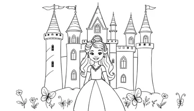 Dibujo lineal de una princesa sonriente con tiara y vestido largo, frente a un castillo mágico con torres y ventanas. Mariposas y flores en primer plano. Página para colorear en blanco y negro.