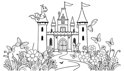 Una placa de color de un castillo de fantasía con dragones, flores y mariposas.