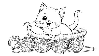 Dibujo de gato juguetón en cesta con ovillos de lana, listo para colorear. Una placa de color imaginaria para crear.