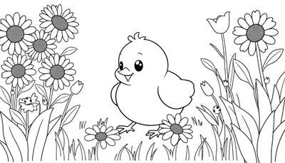 Placa de color de un pollito sonriente en un campo de flores.