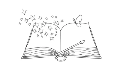 Libro mágico abierto con estrellas y una varita de hadas para colorear, una placa de color.