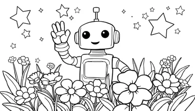 Robot saludando en un jardín lleno de flores, página para colorear de placa de color.