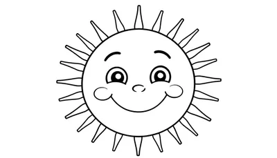 Un dibujo lineal de un sol sonriente con rayos, listo para colorear. Placa de color.