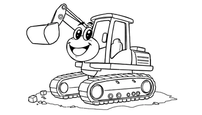 Una excavadora de dibujos animados amigable, lista para la construcción, en blanco y negro para colorear.