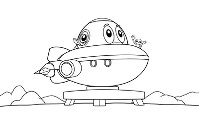 Una nave espacial redonda y amigable con ojos grandes, lista para despegar, con dos pequeños alienígenas saliendo de ella, sobre una plataforma en un terreno irregular. Placa de color.