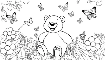 Un oso de peluche sonriente sentado en un jardín, listo para ser coloreado, con flores y mariposas alrededor. Placa de color.