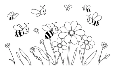 Placa de color para colorear con abejas y flores.