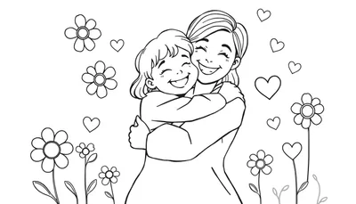 Placa de color para colorear del Día de la Madre de una madre e hija abrazándose, rodeadas de flores y corazones.