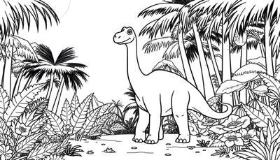Placa de color de un Braquiosaurio amigable en una jungla.