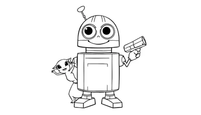 Un droide amigable de Star Wars con un pequeño animal, listo para colorear. Una placa de color para niños.