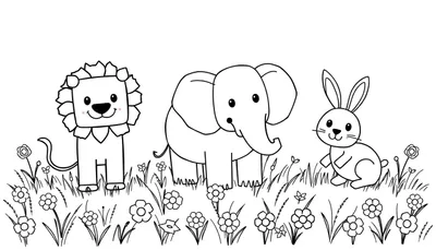 Placa de color con un león, un elefante y un conejo de dibujos animados amigables en un campo floral.