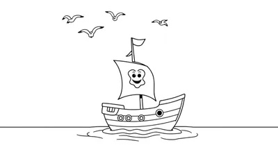 Placa de color: un velero pirata de dibujos animados con una bandera de calavera sonriente y gaviotas volando.