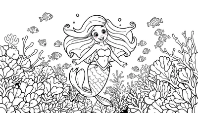 Placa de color: una sirena sonriente nadando con peces entre corales.