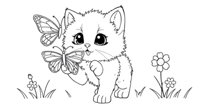 Placa de color: Gatito juguetón persiguiendo mariposas entre flores.