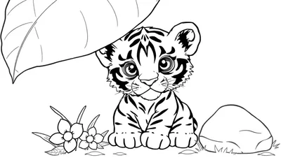 Un dibujo lineal en blanco y negro de un adorable cachorro de tigre sentado debajo de una gran hoja, listo para ser coloreado, con flores y una roca cerca. Es una placa de color.