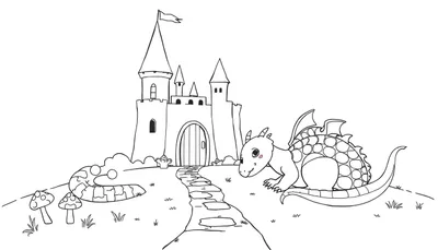 Placa de color: un castillo de fantasía con un dragón amigable y un camino con una oruga.