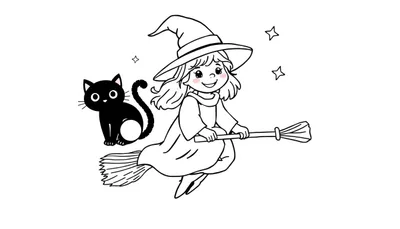 Placa de color de una brujita amigable volando en su escoba con un gato negro y estrellas.