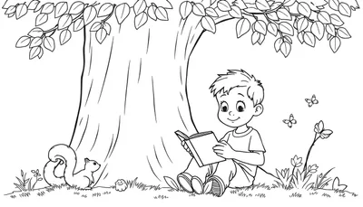 Placa de color de un niño leyendo un libro bajo un árbol con una ardilla y mariposas.