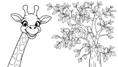 Una jirafa sonriente lista para colorear con un árbol y pájaros.