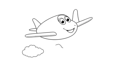 Un avión de dibujos animados amigable para colorear, con una placa de color, volando entre nubes.