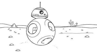 Placa de color de BB-8 rodando en un desierto.